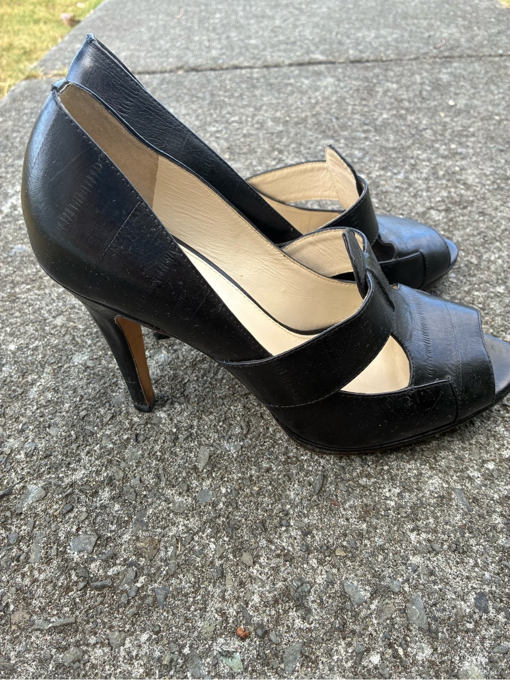 Saks Fifth Avenue Black Leather Peep-Toe Mary Jane Platform Heels - Picture 2 of 4